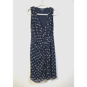 Ralph Lauren LRL Polka Dot Faux Wrap Dress Navy Blue White Sleeveless Size 10